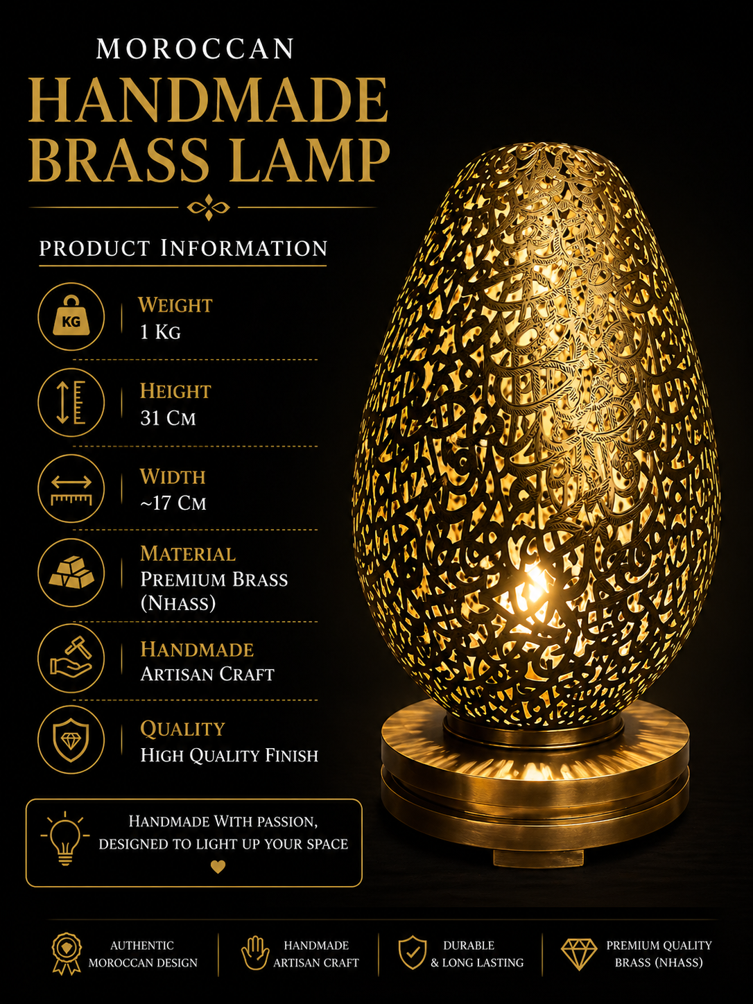 Moroccan Handmade Brass Lamp – small Size